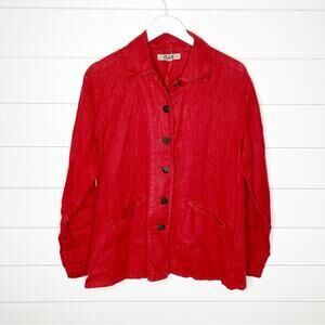 Flax Linen Button Front Long Sleeve Shirt Jacket Red Size Small